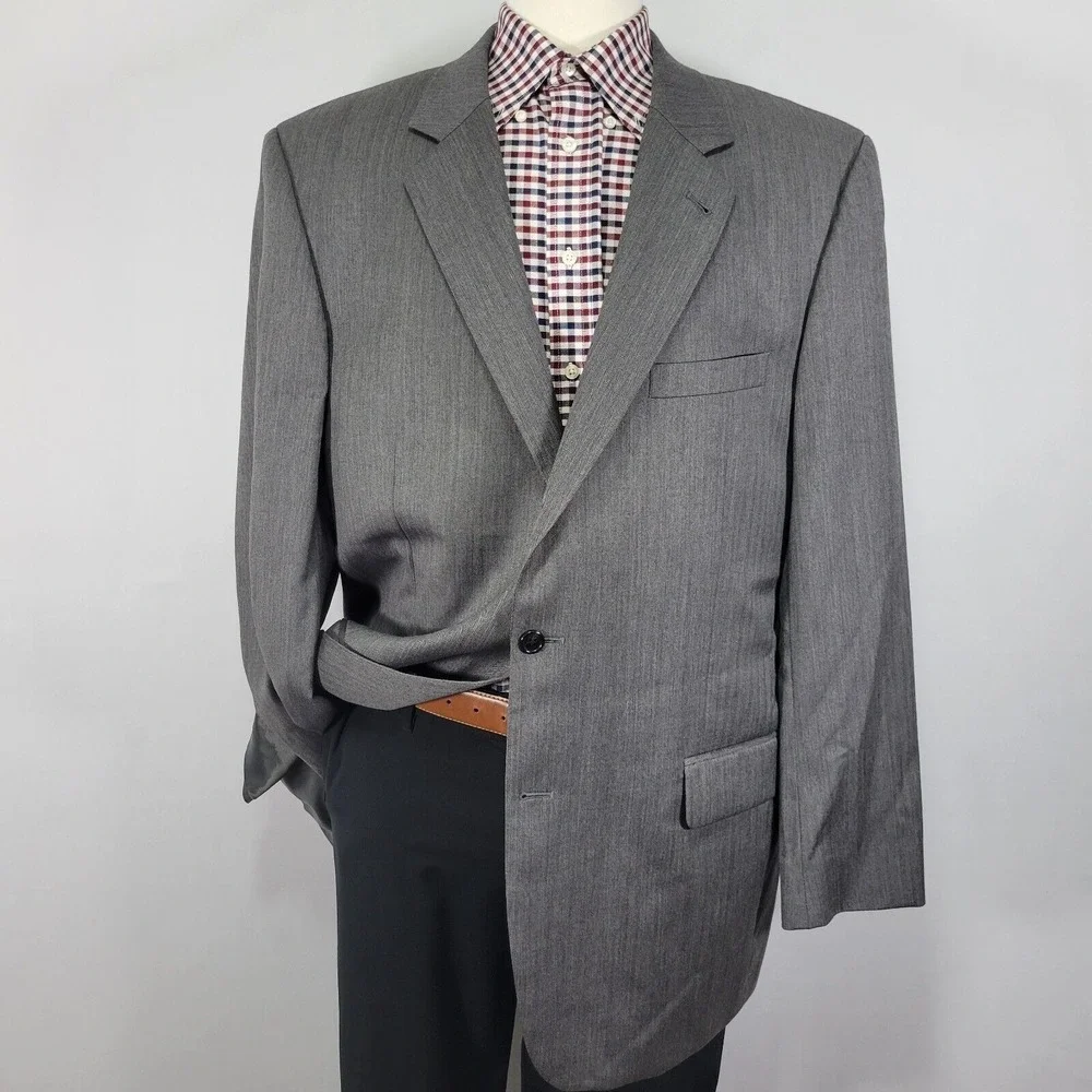 JOS A BANK Men's Sport Coat‎ Blazer Two Button Gray Herringbone Wool Size 46L